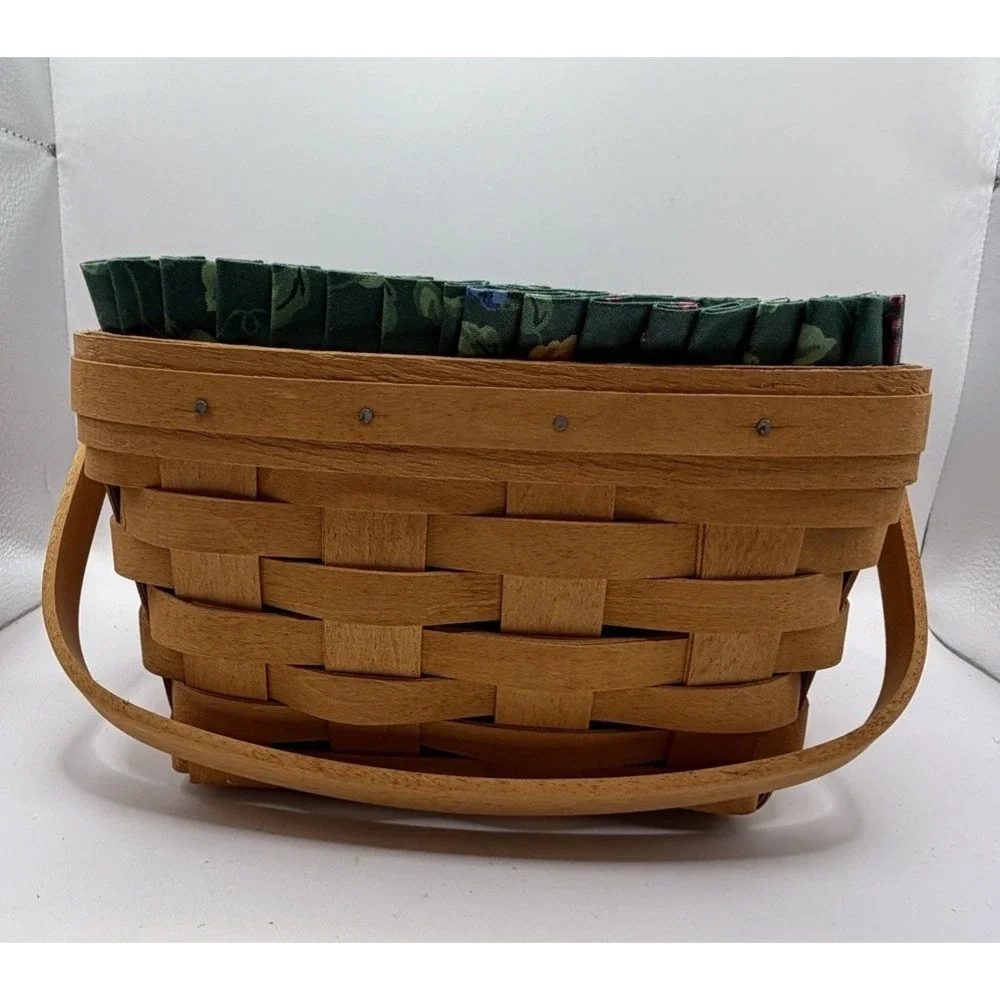 Longaberger Handwoven Basket 1996 w/ Emerald Vine Liner & Protector 8.5